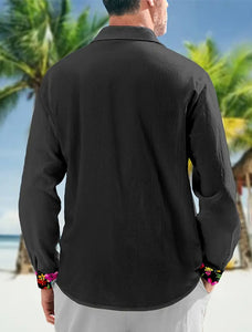 Camisa masculina de linho floral manga longa com lapela