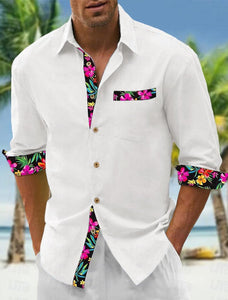 Camisa masculina de linho floral manga longa com lapela