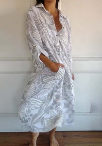 Vestido feminino solto de lapela estampado de algodão e linho