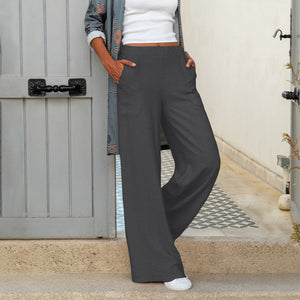 Calças casuais de cor sólida para mulher com cintura elástica larga