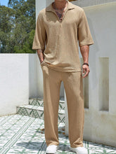 Carregar imagem no visualizador da galeria, Camisa masculina de cor sólida com ajuste solto e calças de perna reta conjunto de duas peças
