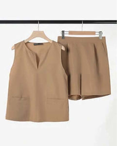 Conjunto de duas peças de shorts sem mangas com bolso em algodão e linho de cor sólida