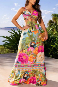 Vestido maxi de férias estilo tropical do México com cordão