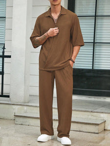 Camisa masculina de cor sólida com ajuste solto e calças de perna reta conjunto de duas peças