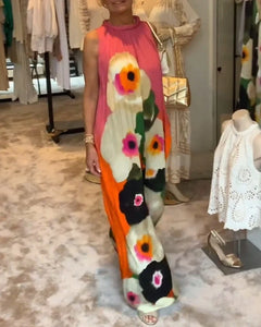 Vestido maxi casual sem mangas com estampa floral