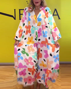 Vestido casual colorido com estampa floral manga sino